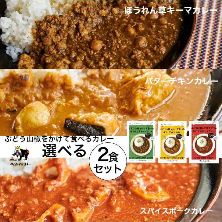 神戸 マンドリルカレー 選べる2食 ぶどう山椒レトルトカレー セット 送料無料  レトルトカレー 中辛 お試し 山椒 スパイスカレー 雑誌掲載 ご当地 まとめ買い メール便 ポスト投函